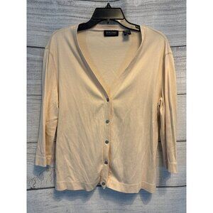 New York & Company Pink V-Neck Button-Up 3/4 Sleeve Cardigan Size L